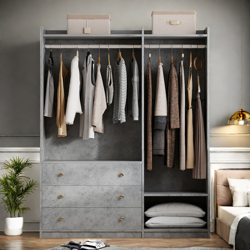Latitude Run Open Wooden Wardrobe With Dual Hanging Rods Five Shelves And 3 Drawers Wayfair